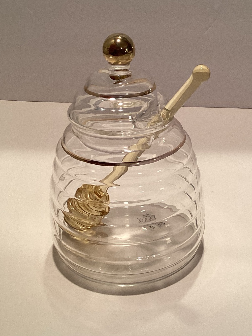 Glass Beehive honey pot with glass dipper. Handmade pot, lid and dipper.